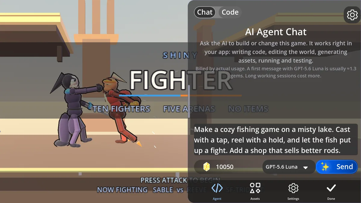 The Agent tab's Chat view open beside a fighting game. The composer holds a prompt for a cozy fishing game, with a gem balance, a model picker and a Send button below it.