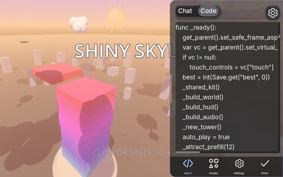 The Code view of the Agent tab showing GDScript: func _ready() calls _build_world(), _build_hud(), _build_audio() and _new_tower(), beside the running 3D game Shiny Skyline.