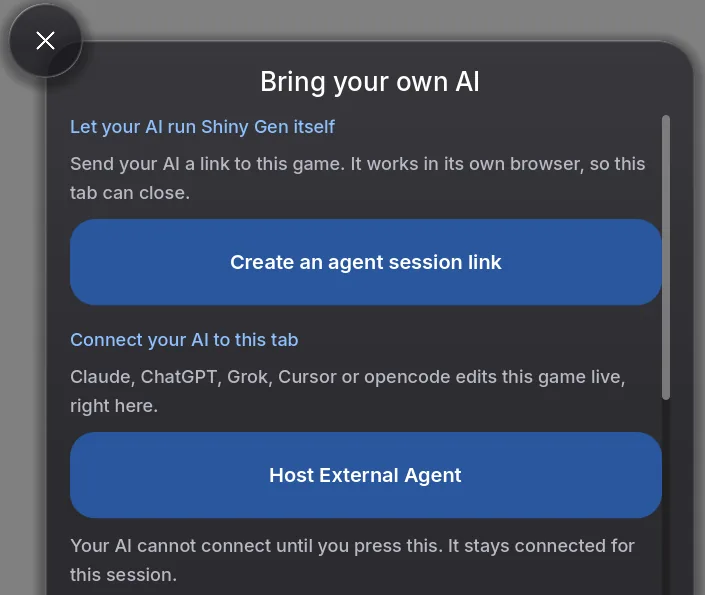 The Bring your own AI screen: a Create an agent session link button, then Connect your AI to this tab with a Host External Agent button and the note Your AI cannot connect until you press this.