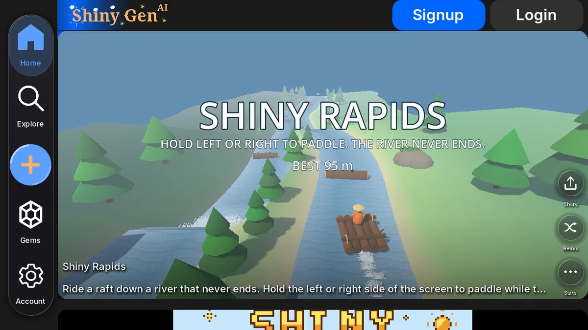 Shiny Rapids, a 3D rafting game, running in Chrome at shinygen.ai. Left: the Home, Explore, plus, Gems and Account buttons. Right: Share, Remix and Stats.