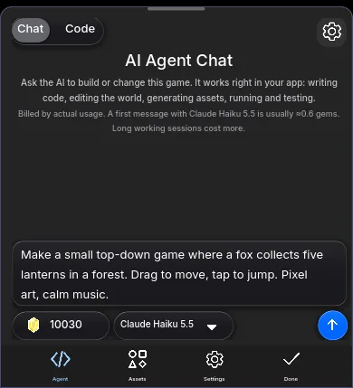 The AI Agent Chat panel at phone width, with Chat and Code tabs, a note that it is billed by actual usage, a prompt for a fox and lantern game typed into the composer, a gem balance, a model picker and a Send button, above the Agent, Assets, Settings and Done bar.